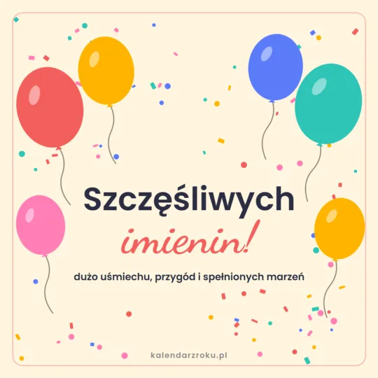Kolorowa kartka imieninowa z balonami i konfetti - "Szczęśliwych imienin!"