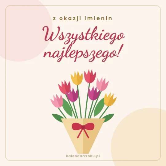 Kartka imieninowa z bukietem tulipanów i napisem "Wszystkiego najlepszego z okazji imienin"