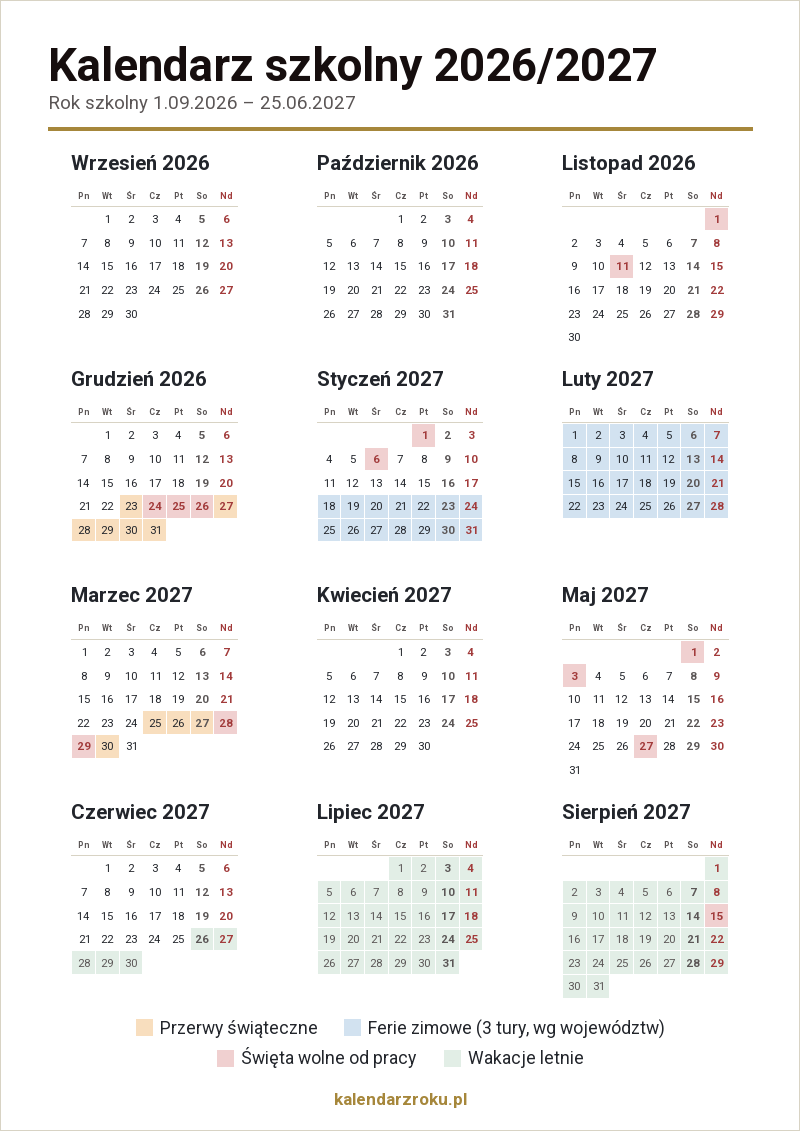 Kalendarz szkolny 2026/2027 do druku – ferie, przerwy, wakacje